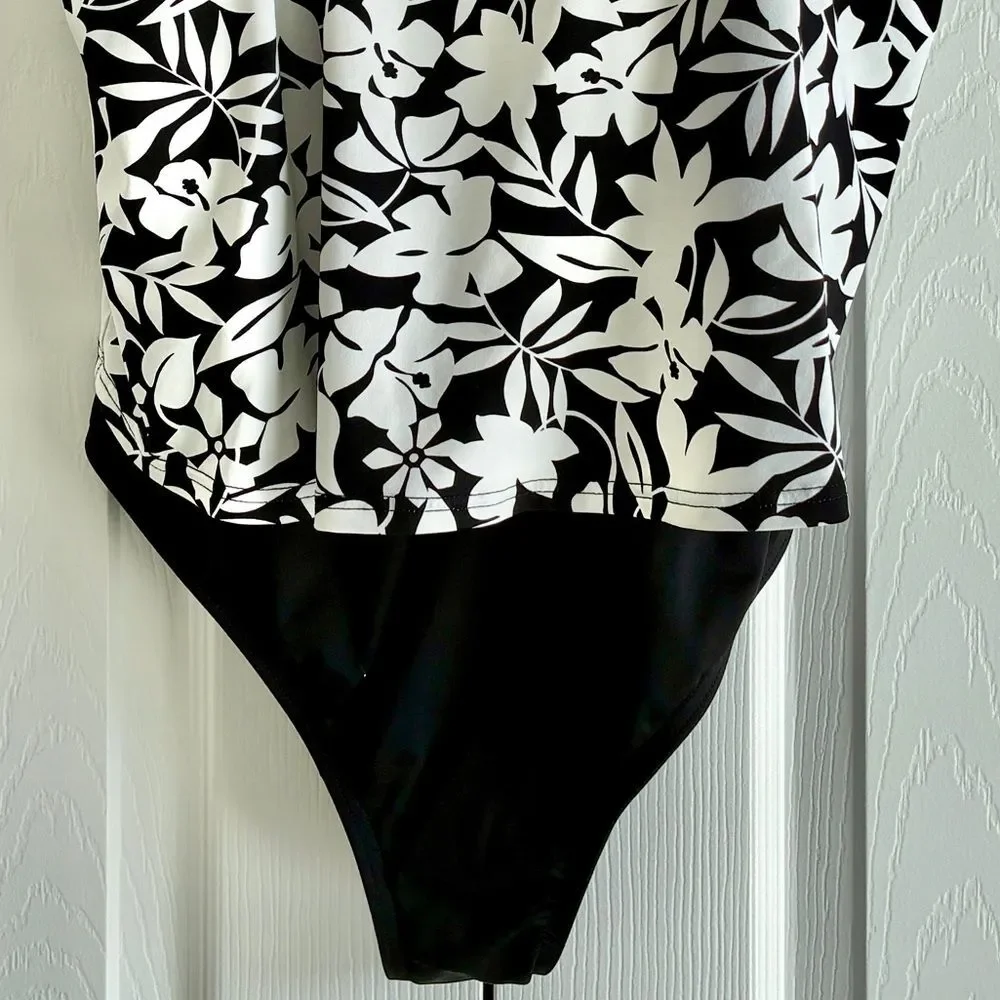 Lands’ End Swimsuit Women’s 16 One Piece Black White Floral Resort Cruise Wear